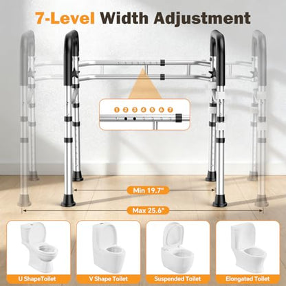 Toilet Safety Rails for Seniors, Adjustable Height & Width Toilet Safety Frame with Handles (350LB Capacity), Elderly Assistance Products for Handicapped, Foldable Toilet Bars Fits Any Toilet - color: Silvery
