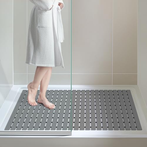 OTHWAY Large Shower Mat, 35.4 x 24 Inch No Suction Cup Shower Mat Non Slip, Quick Drain Large Non Slip Shower Mats for Inside Shower, Heavy Duty Curlable PVC Shower Floor Mat, Dark Grey - color: Dark Grey
