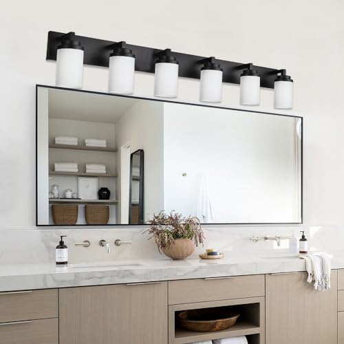 TODOLUZ Matte Black Bathroom Light Fixtures, 6-Lights Vanity Lighting Over Mirror with Opal White Glass Shades, Farmhouse Wall Lamp E26 Bulb Base - color: Black, size: 6-Lights