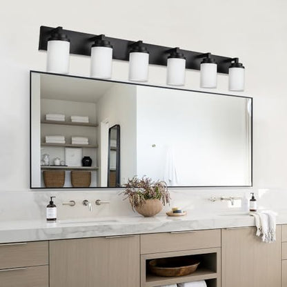TODOLUZ Matte Black Bathroom Light Fixtures, 6-Lights Vanity Lighting Over Mirror with Opal White Glass Shades, Farmhouse Wall Lamp E26 Bulb Base - color: Black, size: 6-Lights