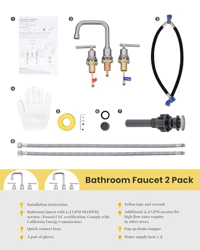 WOWOW Brushed Nickel Bathroom Faucet 3 Hole, Widespread Vanity Sink Faucets | Copper Inlet Faucet for Bathroom Sink with Swivel Spout, 2 Handles Lavatory Tap with Drain and cUPC Supply Line (Set of 2) - color: Brushed Nickel x 2, style: Upgrade-8 Inch