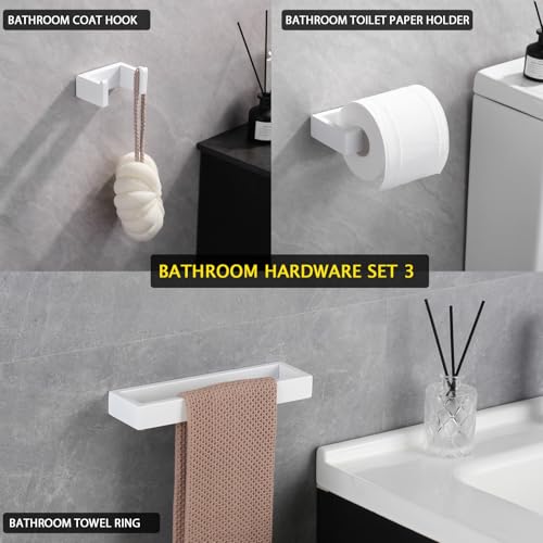 GERZWY 3-Piece Bathroom Accessory Set Stainless Steel Toilet Paper Holder Towel Ring Towel Hooks Wall Mount, White - color: White