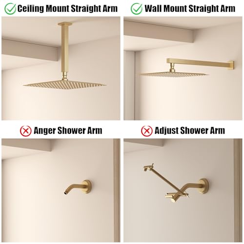 12 In Rain Shower Head High Pressure Rainfall Shower Head Brushed Gold | Square Rain Bathroom Showerhead, High Flow, Large Stainless Steel, Ceiling Mounted, Wall Mounted, Waterfall Full Body - color: Brushed Gold, size: 12 Inch