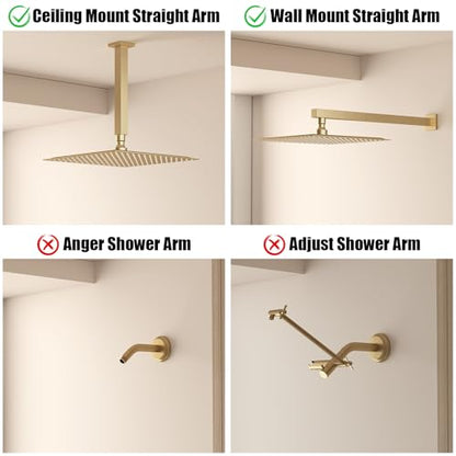 12 In Rain Shower Head High Pressure Rainfall Shower Head Brushed Gold | Square Rain Bathroom Showerhead, High Flow, Large Stainless Steel, Ceiling Mounted, Wall Mounted, Waterfall Full Body - color: Brushed Gold, size: 12 Inch