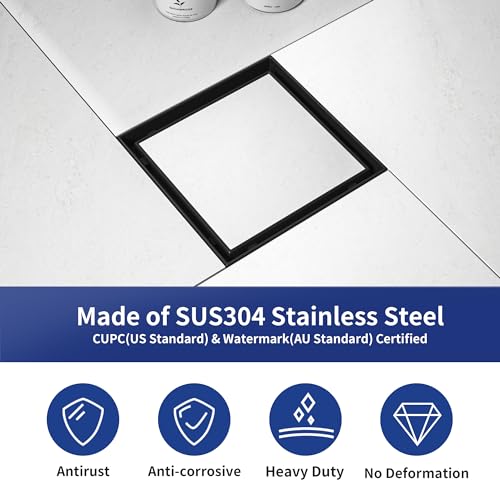 Square Shower Drain, 304 Stainless Steel Floor Drain 6" | with Tiled Insert Grate & Hair Strainer, Bathroom 2-in-1 Tiled in Drain, CUPC Certified - color: Matte Black, size: 6''