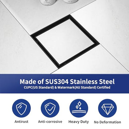 Square Shower Drain, 304 Stainless Steel Floor Drain 6" | with Tiled Insert Grate & Hair Strainer, Bathroom 2-in-1 Tiled in Drain, CUPC Certified - color: Matte Black, size: 6''