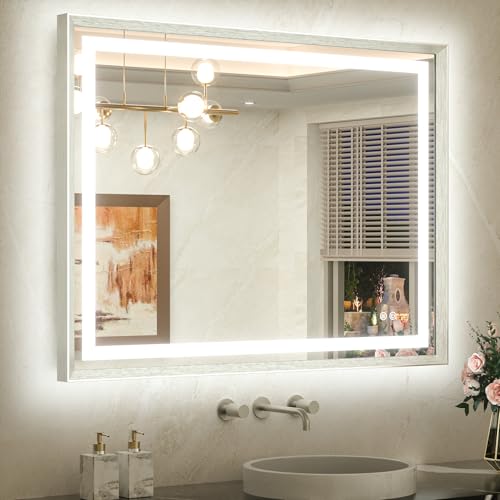 TETOTE 40 x 32 Led Mirror Silver Metal Frame Frontlit & Backlit Vanity Mirror Anti-Fog Stepless Dimmable 3 Colors White/Warm/Natural Wall Mirror with Lights