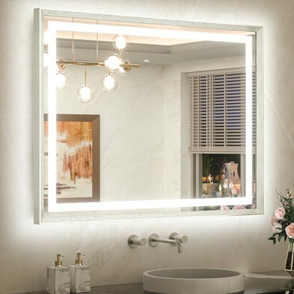 TETOTE 40 x 32 Led Mirror Silver Metal Frame Frontlit & Backlit Vanity Mirror Anti-Fog Stepless Dimmable 3 Colors White/Warm/Natural Wall Mirror with Lights