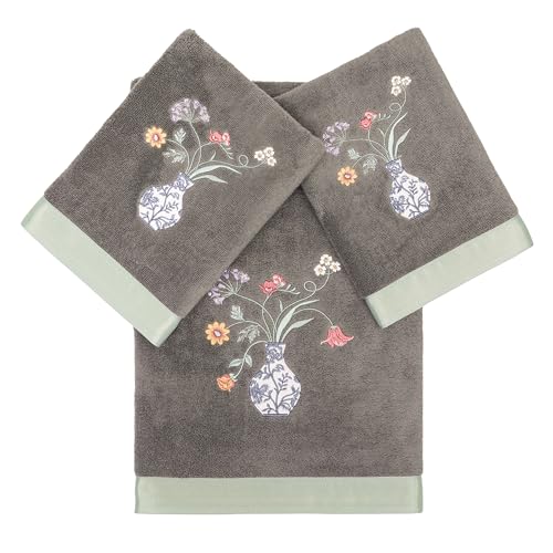 Floret 3-Piece Towel Set, Applique Flower & Vase Design, 100% Turkish Cotton, Ultra Absorbent & Soft, Cottage Style Decor, 1 Bath 2 Hand Towels, Charcoal - color: Charcoal, size: 1 Pc Bath 2 Pcs Hand Towel