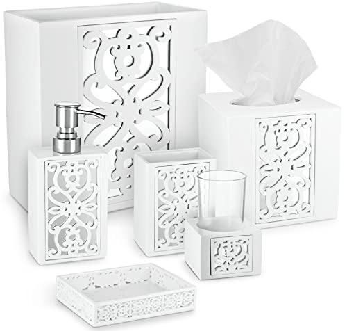 Creative Scents Mirror Janette White 6 Piece Bathroom Accessories Set | Includes Trash can, Tissue Box Cover, Soap Dispenser, Toothbrush Holder, Tumbler Cup & Soap Dish
