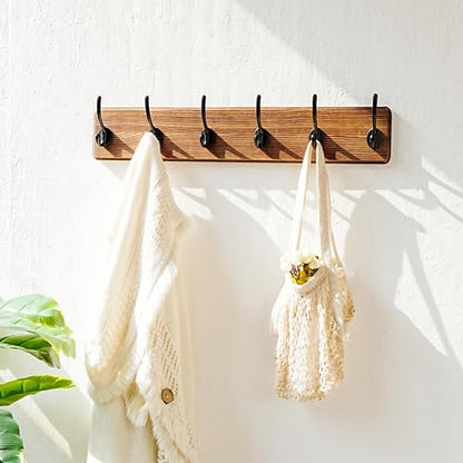 Wall Mounted Coat Rack: 24" Long, Patented, Heavy-Duty, 6-Double-Hooks Wooden Hanger Rail for Winter Coats, Hat, Jacket, Clothing - Natural & Black, Pack of 2 - color: Natural & Black, size: L=24"(2pcs)