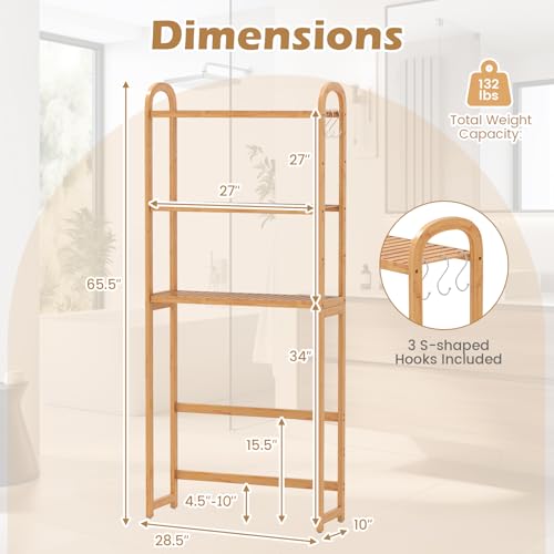 Tangkula 3-Tier Over the Toilet Storage Rack, Bamboo Bathroom Stand Organizer with 5-Position Shelves, 3 Hooks, Adjustable Bottom Bar, Freestanding Space Saver Toilet Shelf for Laundry Room (Natural)