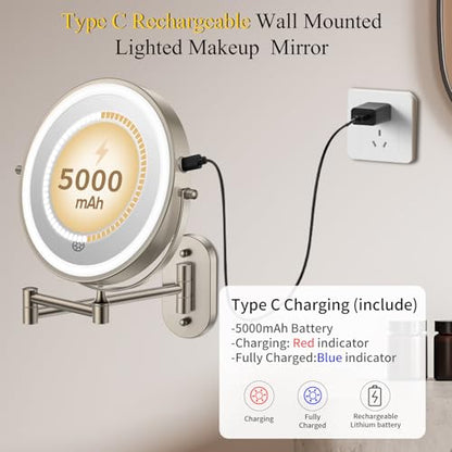 FUNTOUCH 5000mAh Rechargeable Wall Mounted Makeup Mirror with Lights 3X/20X | Double Sided Magnifying,3 Color Lights,Touch Dimmable, Extended Arm 360 Rotation Lighted Bathroom Mirror with Magnification - color: Nickel
