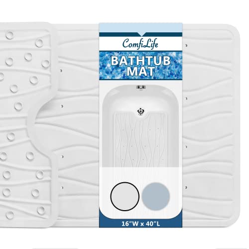 ComfiLife Bath Mat for Bathroom Tub and Shower – Non Slip Extra Large Bathtub Mat with Drain Holes & Suction Cups – Machine Washable Rubber Mats to Keep Bathtub Clean (Cream, Wave 16" x 40")