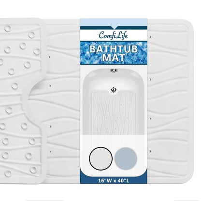 ComfiLife Bath Mat for Bathroom Tub and Shower – Non Slip Extra Large Bathtub Mat with Drain Holes & Suction Cups – Machine Washable Rubber Mats to Keep Bathtub Clean (Cream, Wave 16" x 40")