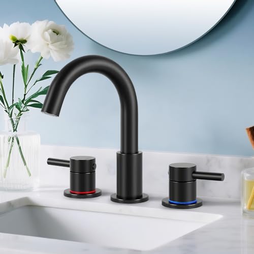 Matte Black Bathroom Faucet 3 Hole, 2-Handle Widespread Faucet | Lead-free stainless steel, pop-up drain, Detachable faucet aerator, 360°swivel, for RV & vanity sink 3-hole mount - color: 1-Matte Black, style: 8 Inch Widespread