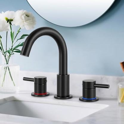 Matte Black Bathroom Faucet 3 Hole, 2-Handle Widespread Faucet | Lead-free stainless steel, pop-up drain, Detachable faucet aerator, 360°swivel, for RV & vanity sink 3-hole mount - color: 1-Matte Black, style: 8 Inch Widespread