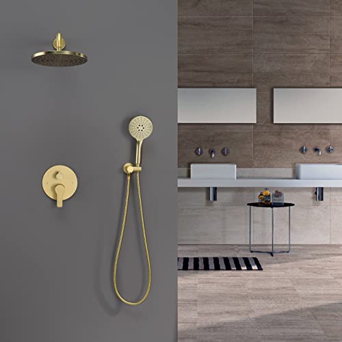 Iriber Shower System Wall Mounted Shower Faucet Mixer Set with Luxury High Pressure Shower head and 3-Setting Handheld, Bathroom Shower Trim Kit Contain Pressure Balance Valve,Brushed Gold - color: Brushed Gold