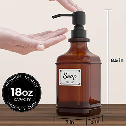 GLADPURE Soap Dispenser 2 Pack, Hand Soap Dispensers with 18 Oz Antique Design Thick Amber Glass Bottle, 316 Rust Proof Stainless Steel Black Pump, 6Pcs Stickers, for Lotion, Soap, Essential Oil - color: Brushed-black