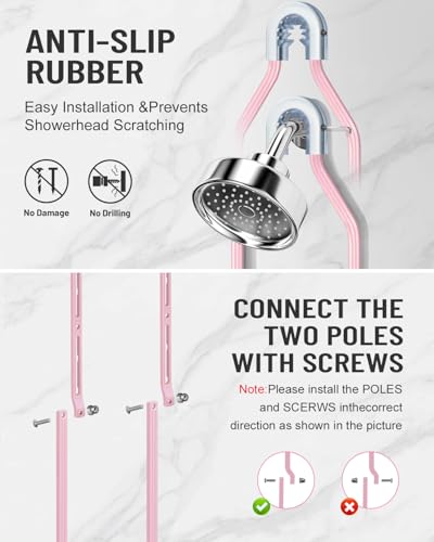 Adjustable Shower Caddy Hanging for Handheld Showerheads - Never Rust Shower Hanging Organizer, Upgraded Bathroom Shower Rack with Soap Basket, Hooks and Toothbrush Holder (Pink) - color: Pink