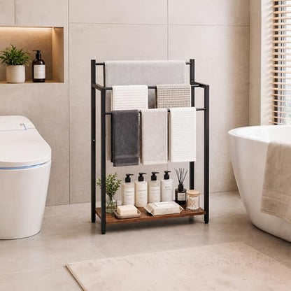 24.8" W Freestanding Towel Rack with Rustic Brown Wood Shelf | 3 Tier Blanket Ladder Stand for Bathroom Living Room, Metal Frame - color: Rustic Brown, size: 31.5" H x 24.8" W x7.9 D