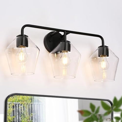 KSANA Bathroom Light Fixture, Modern Black Vanity Lights Over Mirror 3 Light Bathroom Lighting with Clear Glass - size: Diamond-shaped Shade