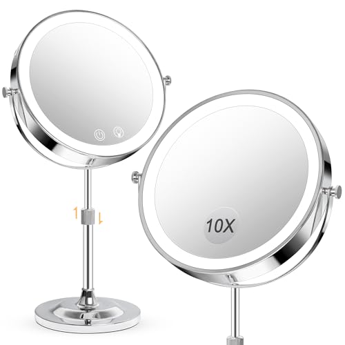 9" Makeup Mirror with Lights,5000mAh Rechargeable Vanity Mirror,1X/10X Double Sided Magnifying Mirror with Adjustable Height, 3 Colors Stepless Dimming Lighted Makeup Mirror,Women Gift - color: Chrome, size: 15.8"L x 9"W