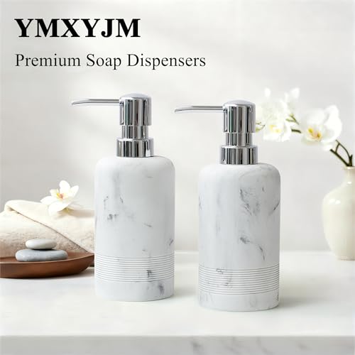 Resin Soap Dispenser Sets, 2 Pcs Heavy Lotion Dispensers,10.8oz Refillable Liquid Soap Dispensers with Rust-Proof Pump for Bathroom Countertop or Kitchen, Artificial Marble White - color: White