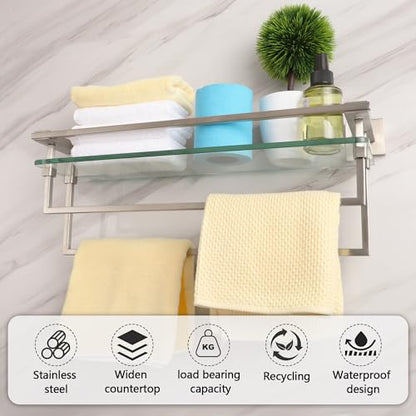 LANC Bathroom Shelves - 20 Inch Floating Tempered Glass Shelf with 2 Towel Rails for Modern Shower Bath Storage - Wall Mounted Stainless Steel Brushed Nickel, A7617BN - color: Brushed Nickel