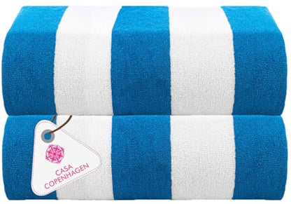 CASA COPENHAGEN Cabana Towels 2Pcs Cyan Designer Stripe Beach Bathsheet Towels Gift Set, 35"x70" Oversized 100% Cotton Pool Bath Sheet Gift Set (Perfect Summer Gift Set for Women & Men)