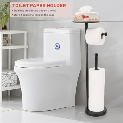 Black Toilet Paper Holder Stand, Freestanding Toilet Paper Holder with Shelf for Small Items, Toilet Paper Stand with Storage Space for 4 Extra Toilet Paper Rolls - color: Black Matte