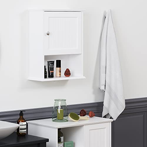 Spirich Bathroom Wall Cabinet Over Toilet, Small Medicine Cabinet, White | FSC-Certified Wood, Adjustable Shelf, Single Beadboard Door, Open Bottom Shelf, Compact Wall Storage for Bathroom or Kitchen