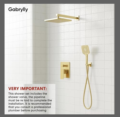 Gabrylly Shower System Gold, Wall Mounted Shower Faucet Set for Bathroom with High Pressure 10" Rain Shower head and 3-Setting Handheld Shower Head Set, 2 Way Shower Valve Kit, Brushed Gold - color: brushed gold 02
