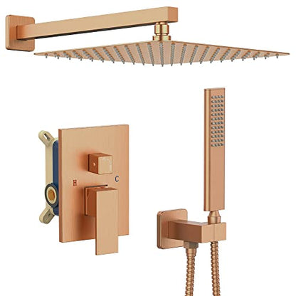 Iriber Brushed Rose Gold Rain Shower System with 12 Inch Shower Head and Handheld Bathroom Wall Mounted Shower Set Contain Shower Faucet Mixer and Trim Kit (Valve Included) - color: Brushed Rose Gold 05