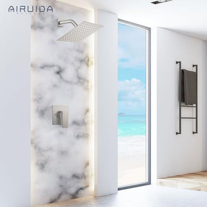 Airuida Brushed Nickel Shower Faucet Set,8 Inch Shower Valve Kit | Square Showerhead,Female Thread Rough-in Valve,Bathroom Rain Shower System,Single Function Handle - color: Brushed Nickel