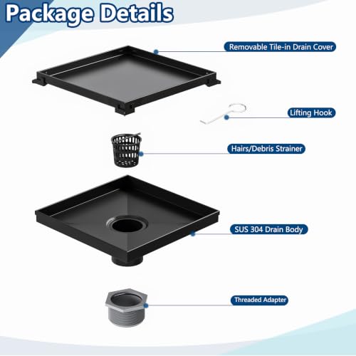 Neodrain 8 in Black Square Shower Drain with Removable Tile Insert Grate | 304 Stainless Steel Tile Square Drain, Hidden Drain,Easy to Clean, Waterproof & Sturdy Shower Drain, CUPC Certified - color: Matte Black, size: 8 IN