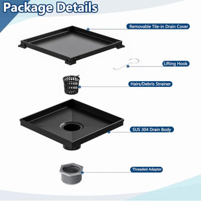 Neodrain 8 in Black Square Shower Drain with Removable Tile Insert Grate | 304 Stainless Steel Tile Square Drain, Hidden Drain,Easy to Clean, Waterproof & Sturdy Shower Drain, CUPC Certified - color: Matte Black, size: 8 IN