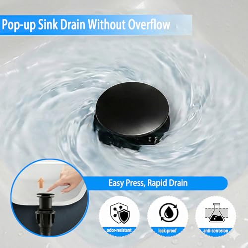 Bathroom Sink Drain Without Overflow- Matte Black Pop up Drain for Bathroom Vanity Vessel Sink Drain Stopper - Anti-clog Pop-up Plastic Drain with Hair Catcher Strainer - color: Matte Black