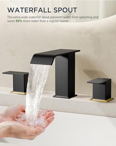 FORIOUS Bathroom Faucet 3 Hole,8 Inch Widespread Sink Faucet Black and Gold | 3-hole 4-12 Inch Widespread Sink, Square Waterfall Spout, with Drain and Hoses,for Vanity Rv Commercial Lavatory Restroom - color: Black and Gold