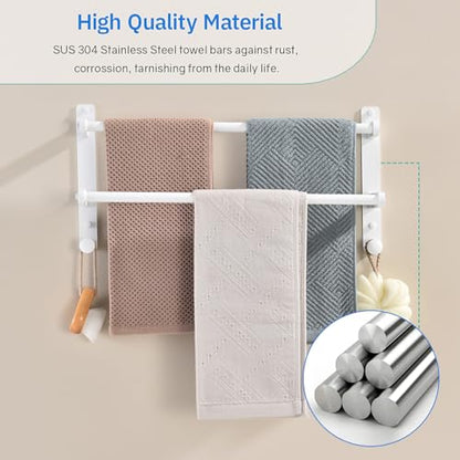 18-Inch Double Towel Rack with Hooks - Space Saving Towel Bar for Bathroom, Stainless Steel Towel Holder, White Finished - color: White, size: 18-Inch