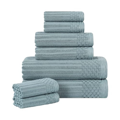 Superior Cotton 8-Piece Solid and Ribbed Towel Set, Face Towels 13” x 13”, Hand Towels 16” x 28”, Bath Towels 27” x 54”, Basil - color: Basil, size: 8 Piece Towel Set