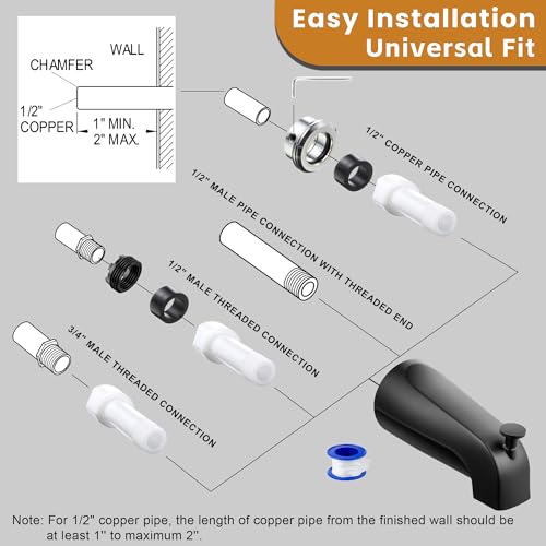 Dreyoo Tub Spout, Tub Faucet for Bathtub (Matte Black,Simple) | Bathroom Bathtub Faucet with Adapters, Hex Wrench, Universal Faucet for Bathtub Fits 1/2" Copper Pipe, 1/2" IPS and 3/9" IPS - color: Matte Black, style: Simple