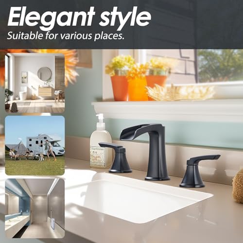 Matte Black Waterfall Bathroom Faucet, Sanliv 3-Piece Widespread Bathroom Sink Faucets, 2-Handle Vanity Faucet for 3-Hole Sinks 4-8 Inch with Pop-Up Drain, ‎Matte Black - color: Matte Black