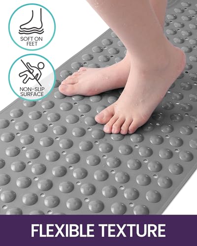 DEXI Bathtub Mat Non Slip 16x35, Shower Floor Mats for Bathroom Bath Tub | Grey, Washable Oval Bathmat, Suction Cups and Drain Holes to Keep Tubs Clean - color: All Grey
