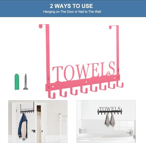 Azmoncy Over The Door Hooks - Wall Mount Towel Hanger with 8 Hooks for Bedroom Bathroom Pool Kitchen Towels, Bag, Coats - Pink - color: Pink