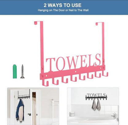 Azmoncy Over The Door Hooks - Wall Mount Towel Hanger with 8 Hooks for Bedroom Bathroom Pool Kitchen Towels, Bag, Coats - Pink - color: Pink