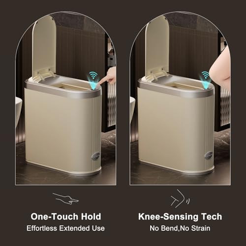 UFORU Touchless Motion Sensor Trash Can, 3.2 Gallon Automatic Bin, Beige | Slim Profile, Space-Saving Design, Lidded Design, Bathroom, Office and Kitchen Use, Placement in Corners and Small Spaces