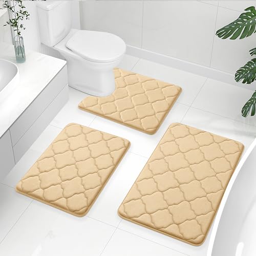 OLANLY Memory Foam Bath Mat Set of 3 Piece, Bathroom Rugs and Toilet Rug U-Shaped, Ultra Soft and Absorbent, Comfortable, Non-Slip, Machine Washable, Shower and Home Decor Accessories, Beige - color: Beige