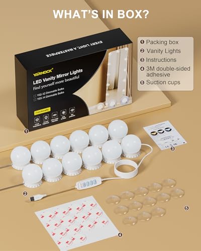 12 Bulbs LED Vanity Lights for Mirror, 3000K 4000K 6500K & 10-Brightness, Wire Length Adjustable, USB Cable, Hollywood Mirror Lights for Makeup Dressing Room Bathroom, White - size: 12 Dimmable Bulbs