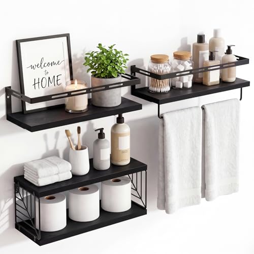 Fixwal Wall Mounted Bathroom Shelves Over Toilet (3+1 Black) | Wall Shelf with Basket Storage , Towel Bar, Solid Wood, 22Lb Capacity, Easy DIY Install - color: 5-black
